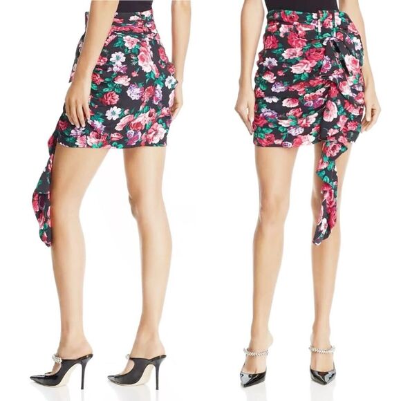 Ronny Kobo Lauryn Floral Print Draped Ruched Mini Skirt Size Small Black Pink - Picture 1 of 14